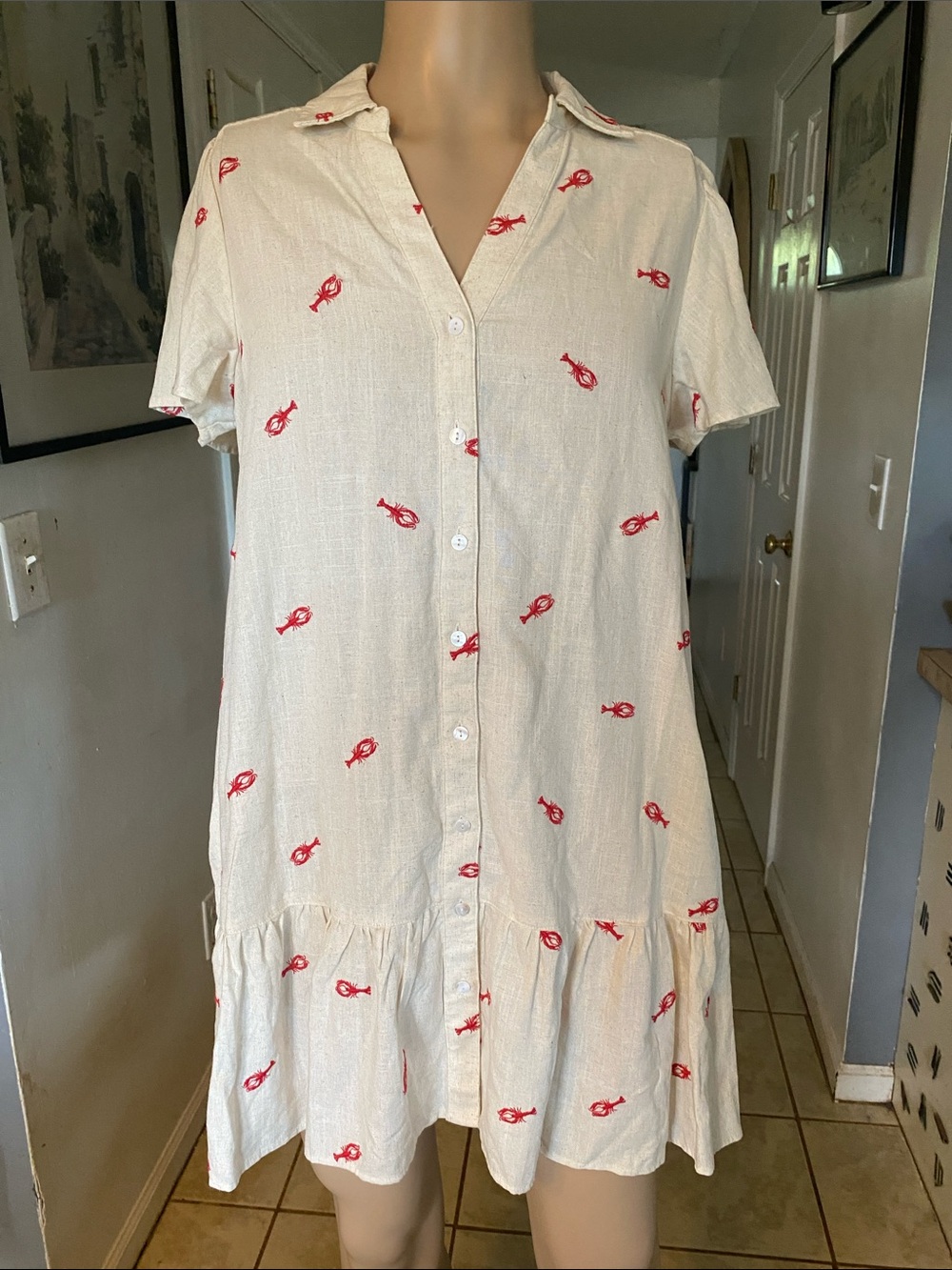 Jane and Delancey Cream Button-Front Mini Dress with Red Motif